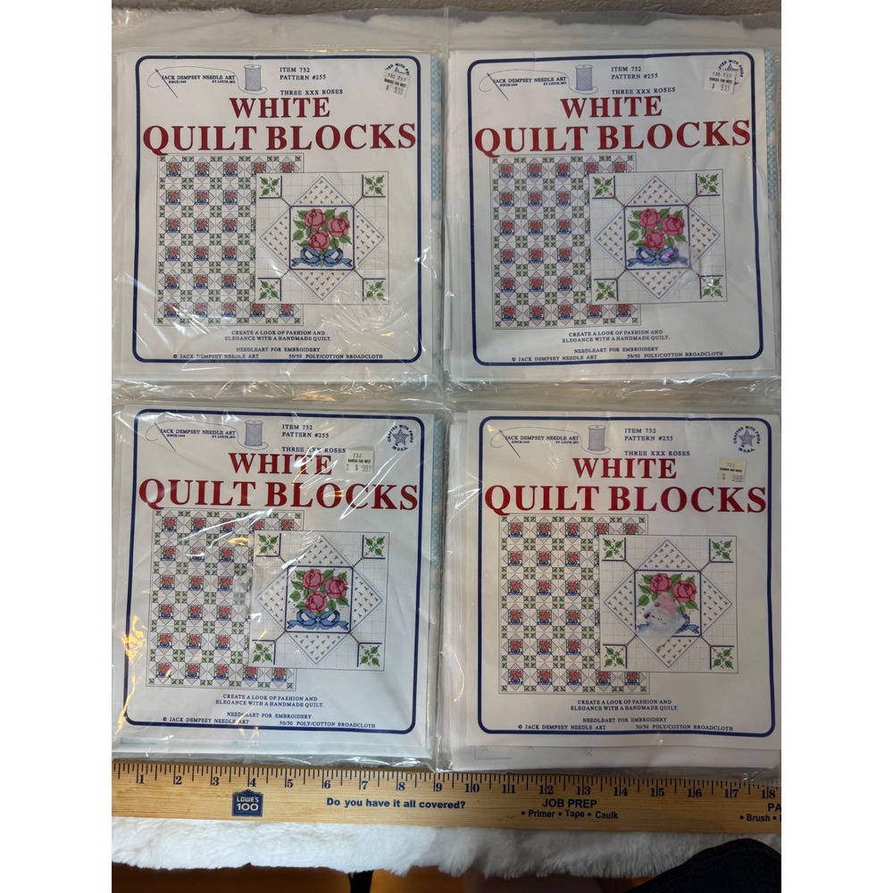 4-Jack Dempsey Needle Art White Quilt Blocks 24pc Pattern 255 Three Roses 18x18